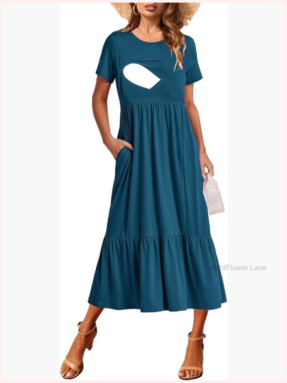 Women Nursing Maxi Dress Crew Neck Short Sleeve Flowey Tiered Cocktail Dress